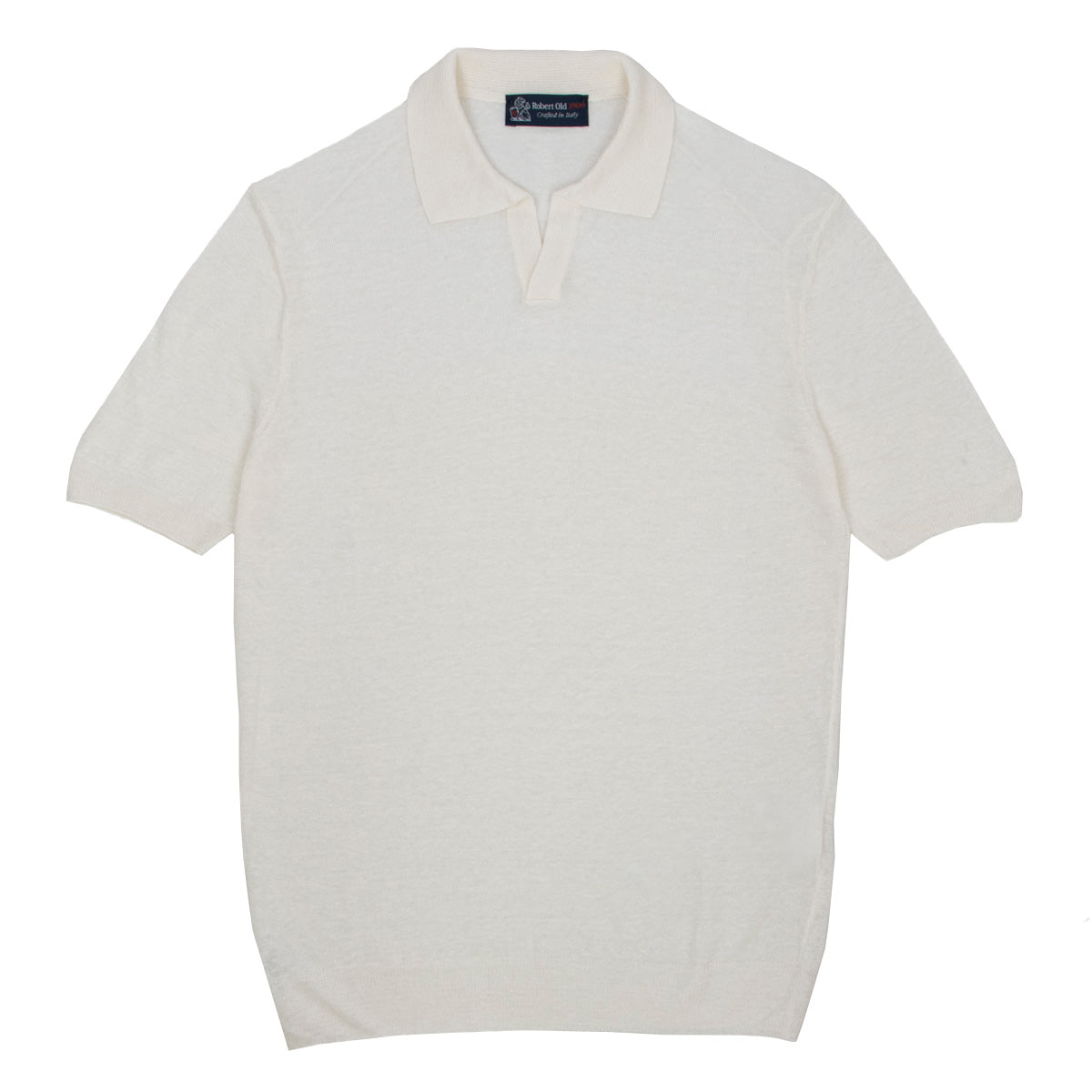 White Linen Open Collar Knitted Polo Shirt