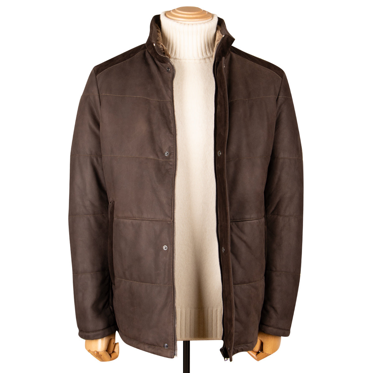 Brown Panelled Leather Hip-Length Coat LEATHERS Robert Old