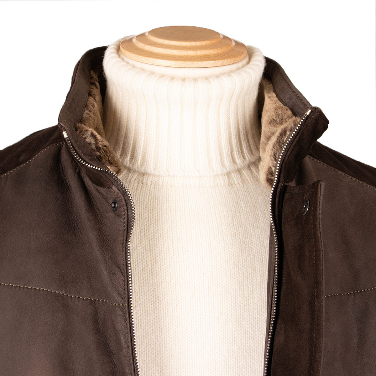 Brown Panelled Leather Hip-Length Coat LEATHERS Robert Old