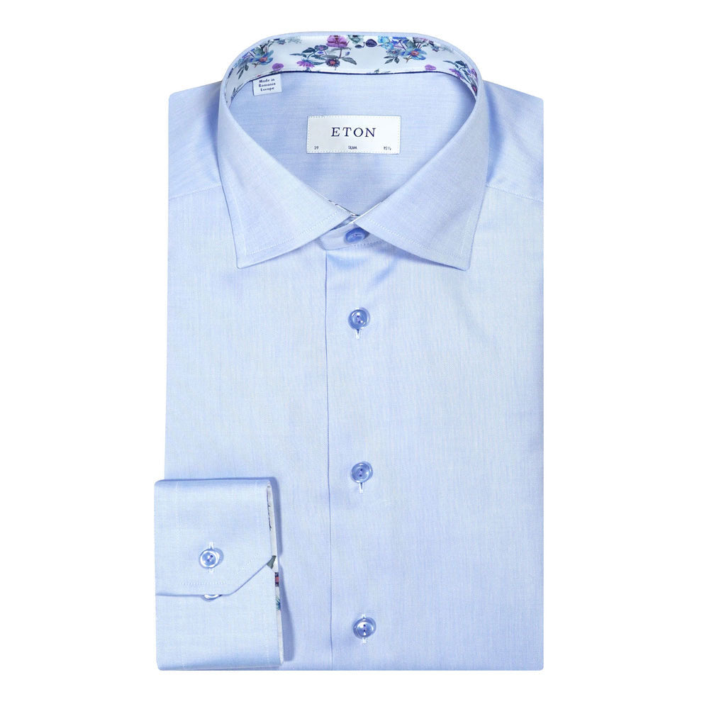 Blue Floral Trim Signature Twill Slim Fit Shirt  Eton   