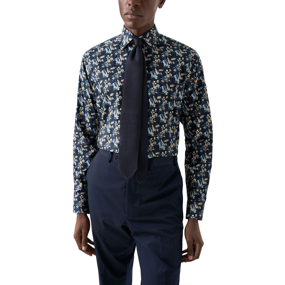 Navy Blue Floral Print Contemporary Fit Twill Shirt  Eton   