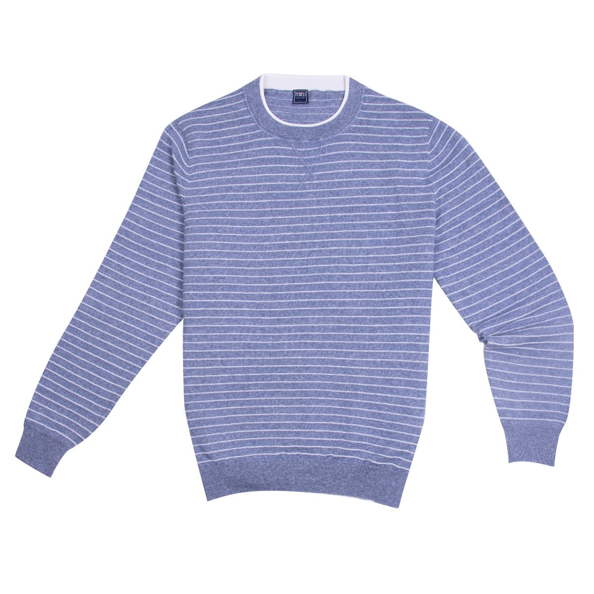 Striped Blue Cashmere Linen Crewneck Sweater  FEDELI   