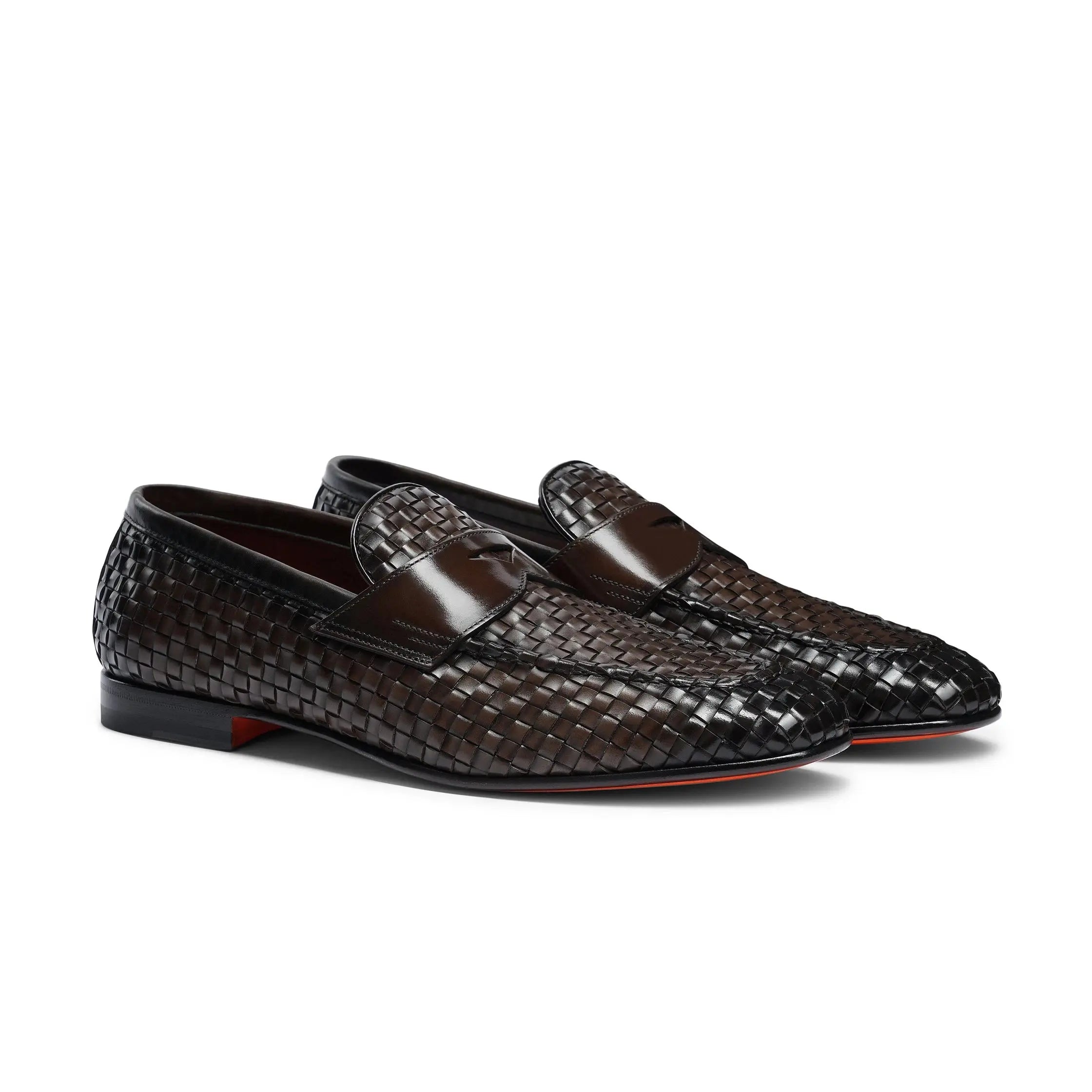 Brown Woven Leather Loafer SHOES Santoni   