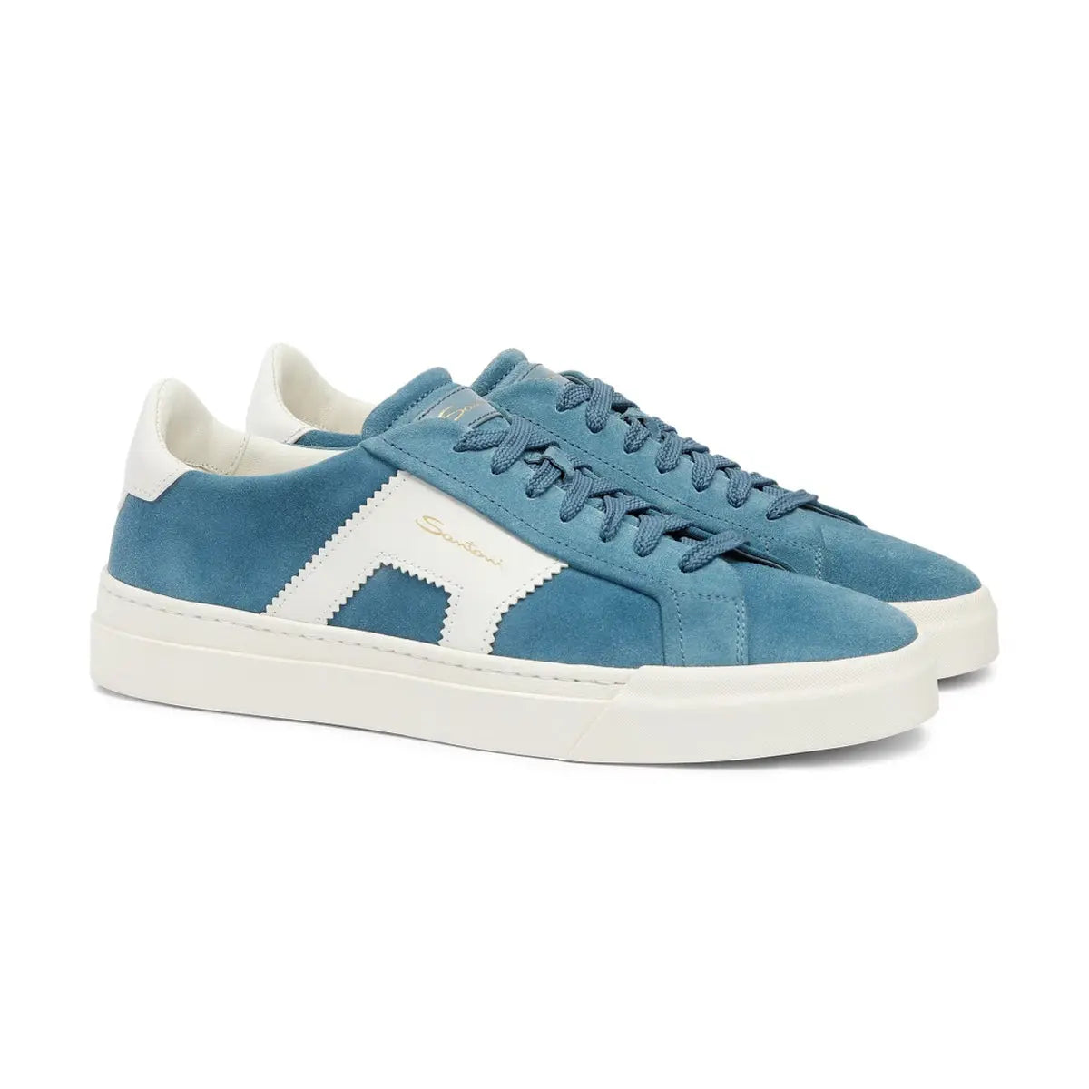 Light Blue Double Buckle Suede Sneaker SHOES Santoni