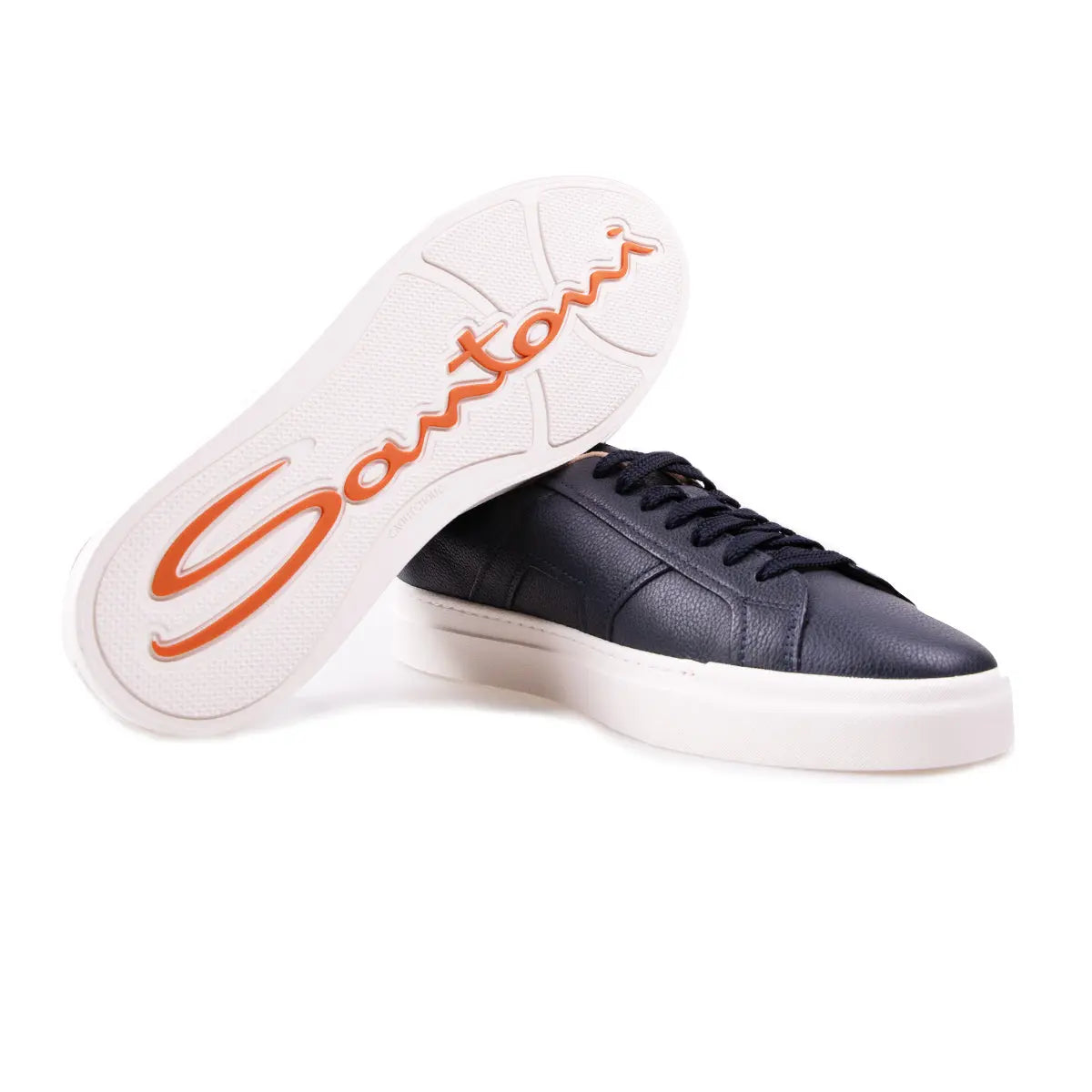 Navy Double Buckle Tumbled Leather Sneaker Santoni