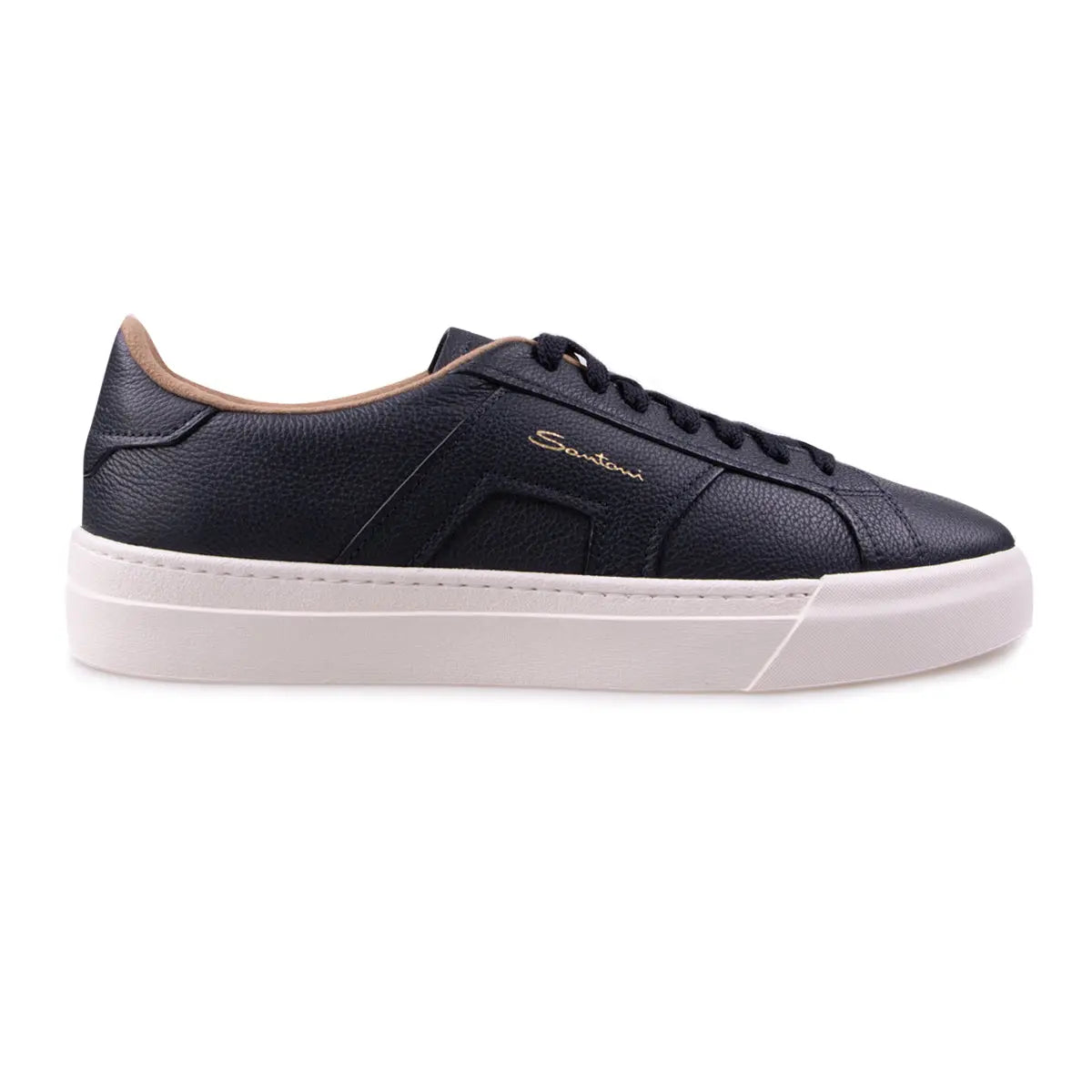 Navy Double Buckle Tumbled Leather Sneaker SHOES Santoni