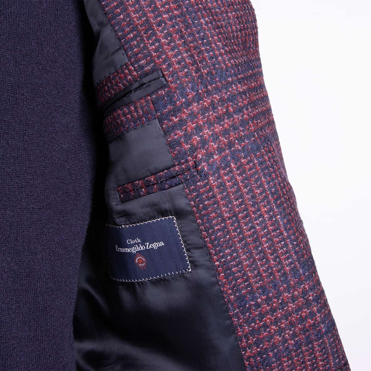 Navy &amp; Red Check Wool, Silk &amp; Cashmere Jacket