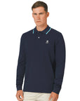 Navy Badge Button Neck Long Sleeve Polo Shirt