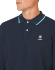 Navy Badge Button Neck Long Sleeve Polo Shirt