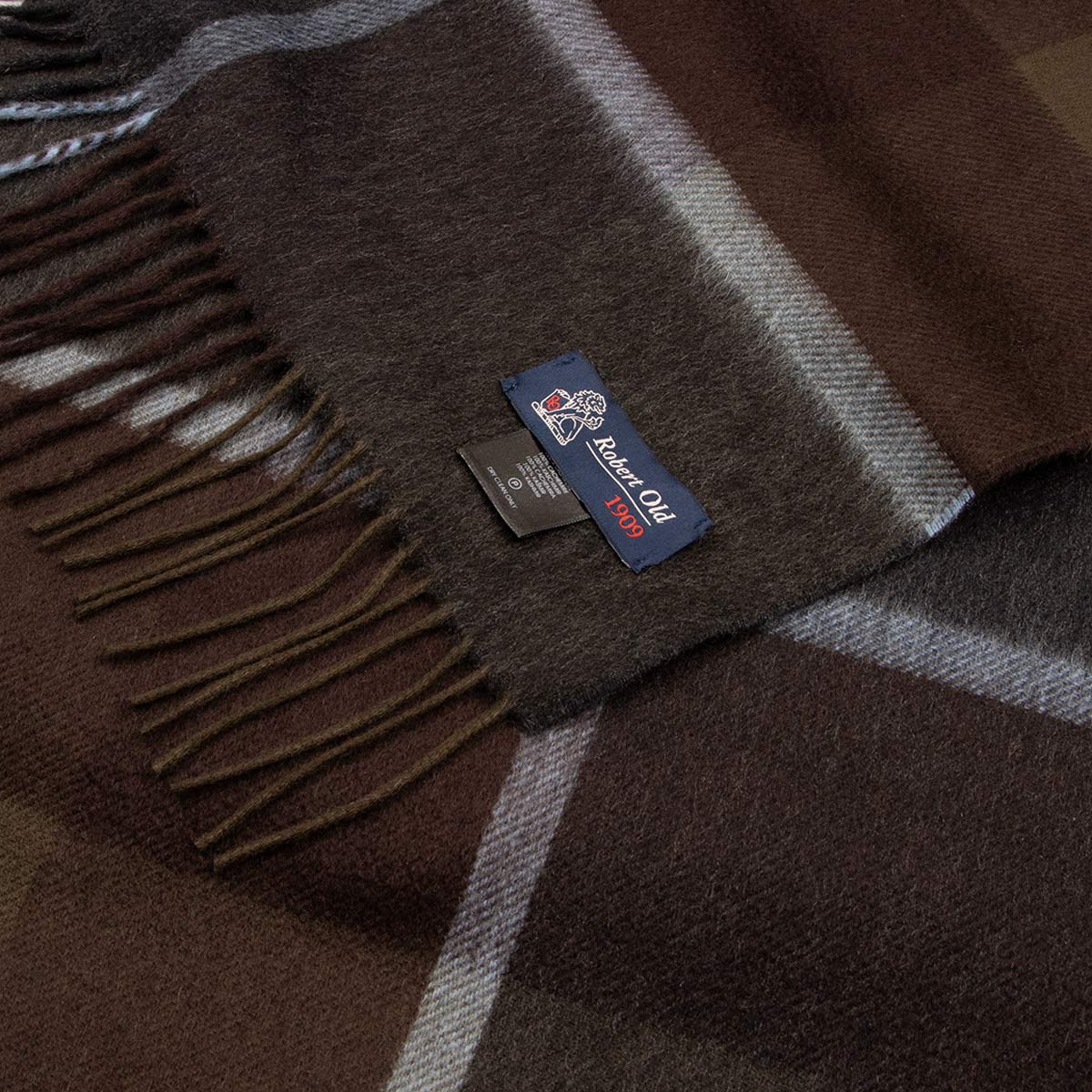 Brown and Blue Windowpane Check Cashmere Scarf SCARVES Robert Old