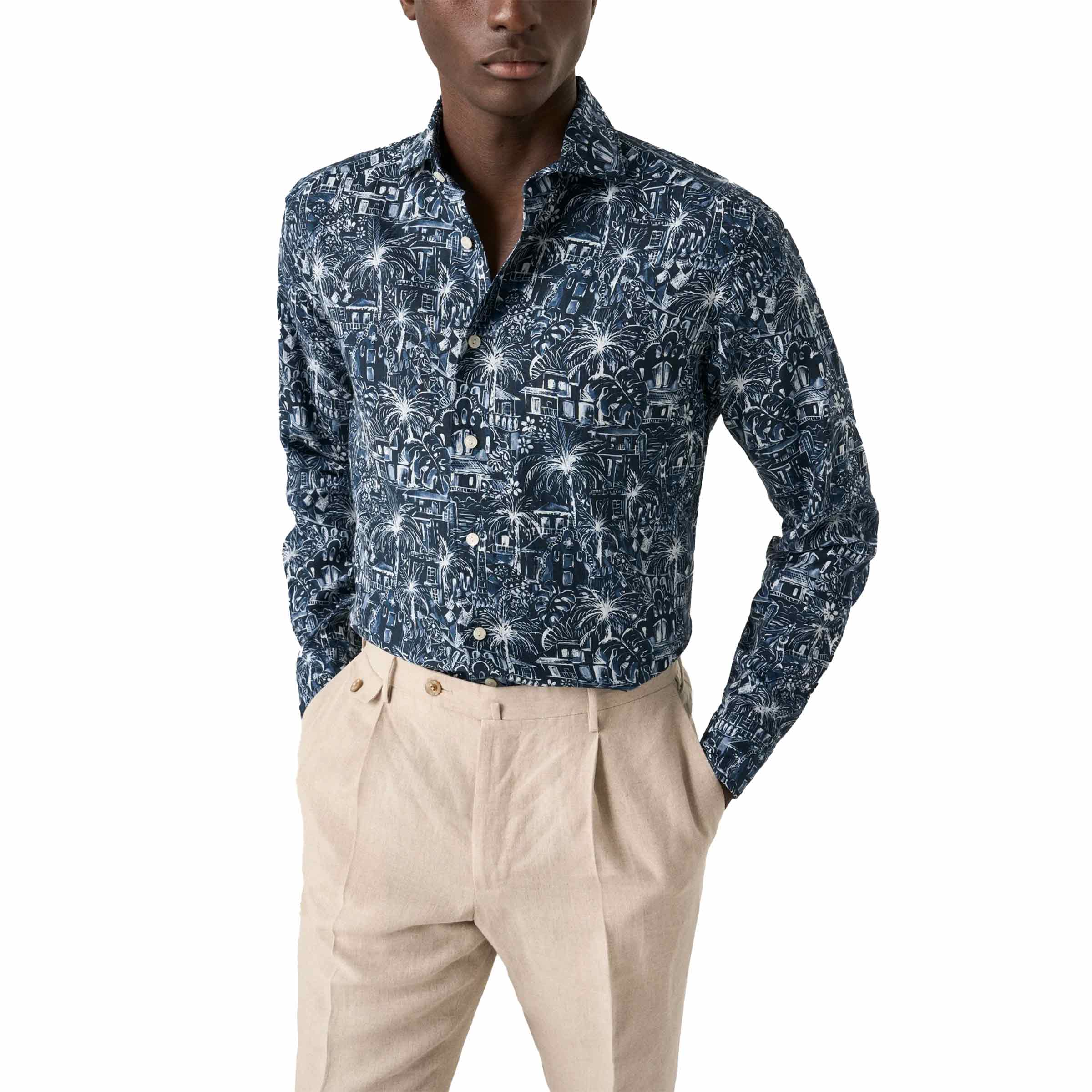 Dark Blue Palm Print Slim Fit Linen Shirt L/S SHIRTS Eton