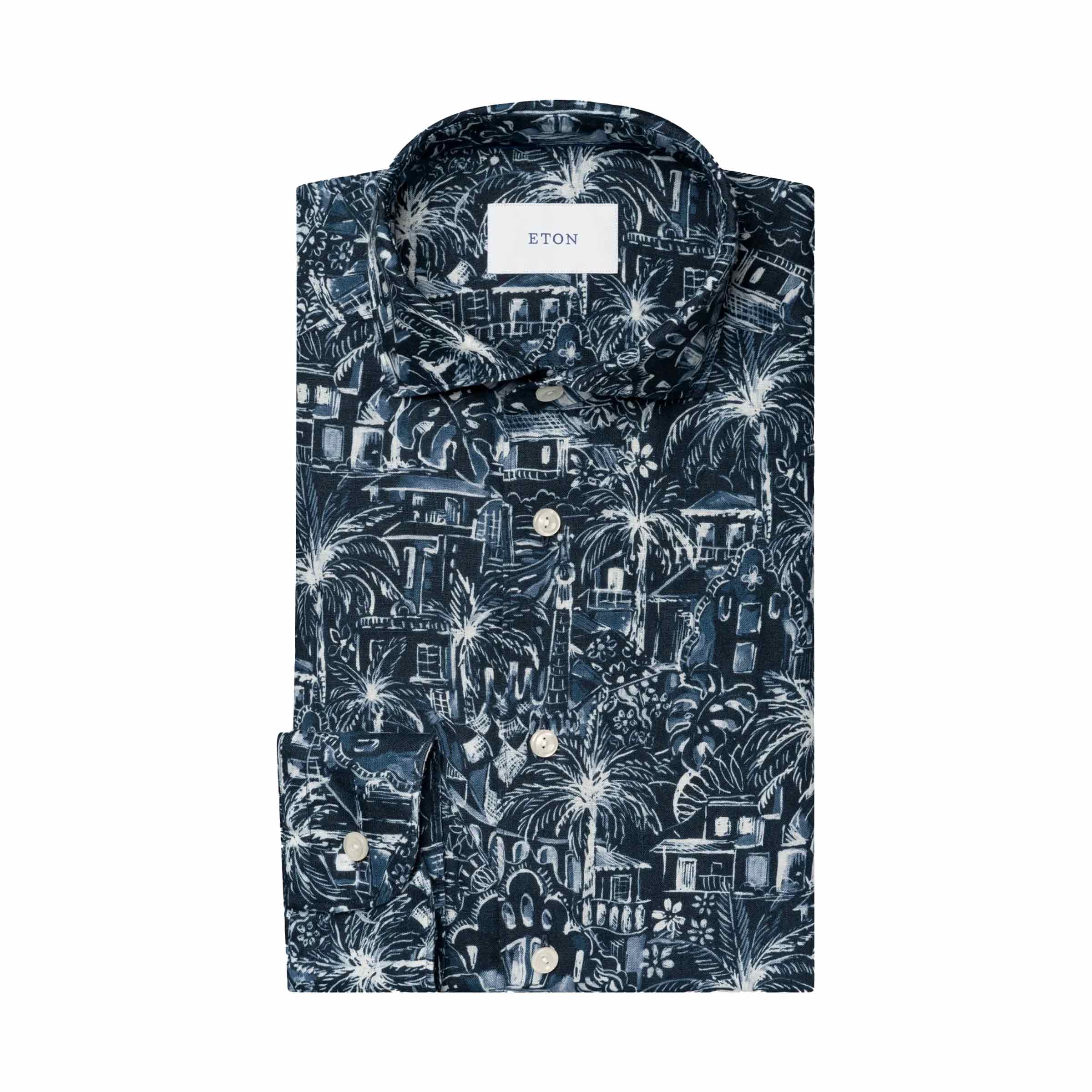 Dark Blue Palm Print Slim Fit Linen Shirt L/S SHIRTS Eton