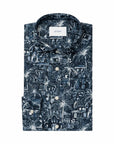 Dark Blue Palm Print Slim Fit Linen Shirt