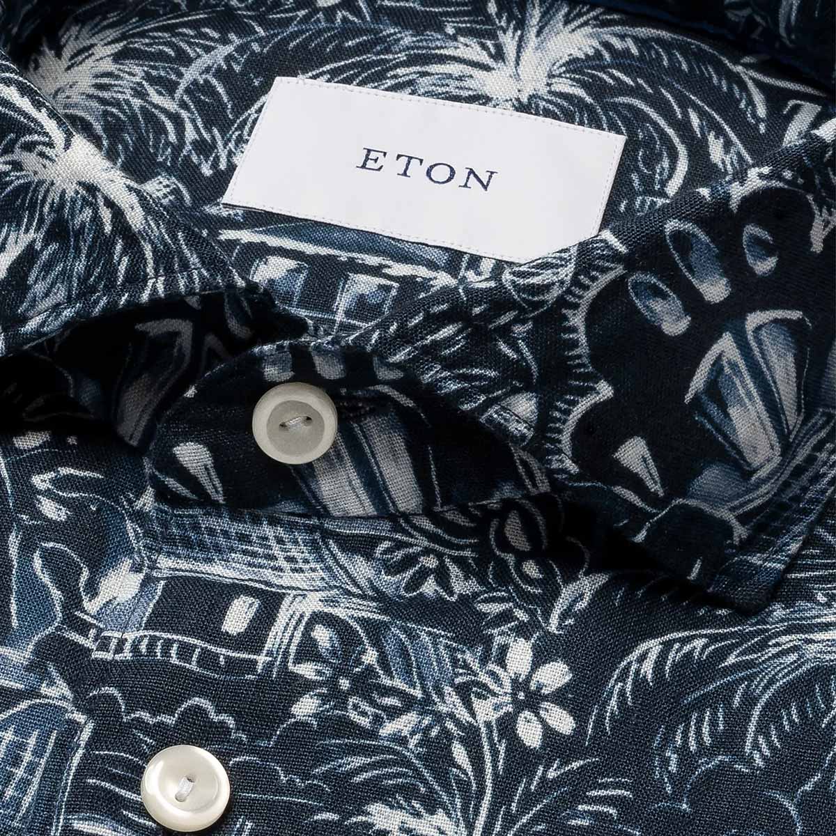 Dark Blue Palm Print Slim Fit Linen Shirt L/S SHIRTS Eton