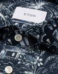 Dark Blue Palm Print Slim Fit Linen Shirt