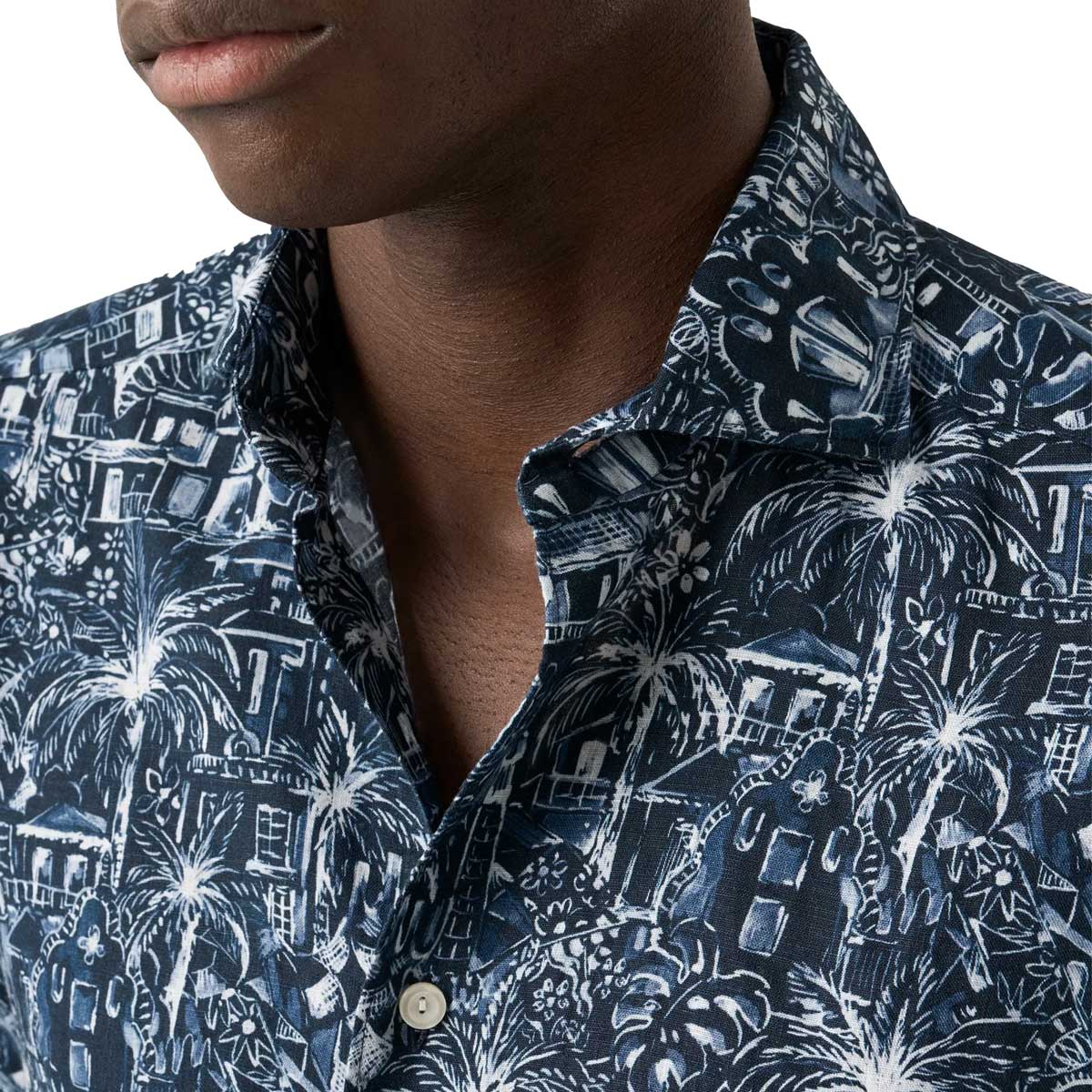 Dark Blue Palm Print Slim Fit Linen Shirt L/S SHIRTS Eton