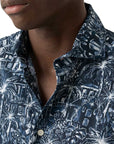 Dark Blue Palm Print Slim Fit Linen Shirt