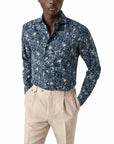 Dark Blue Palm Print Slim Fit Linen Shirt