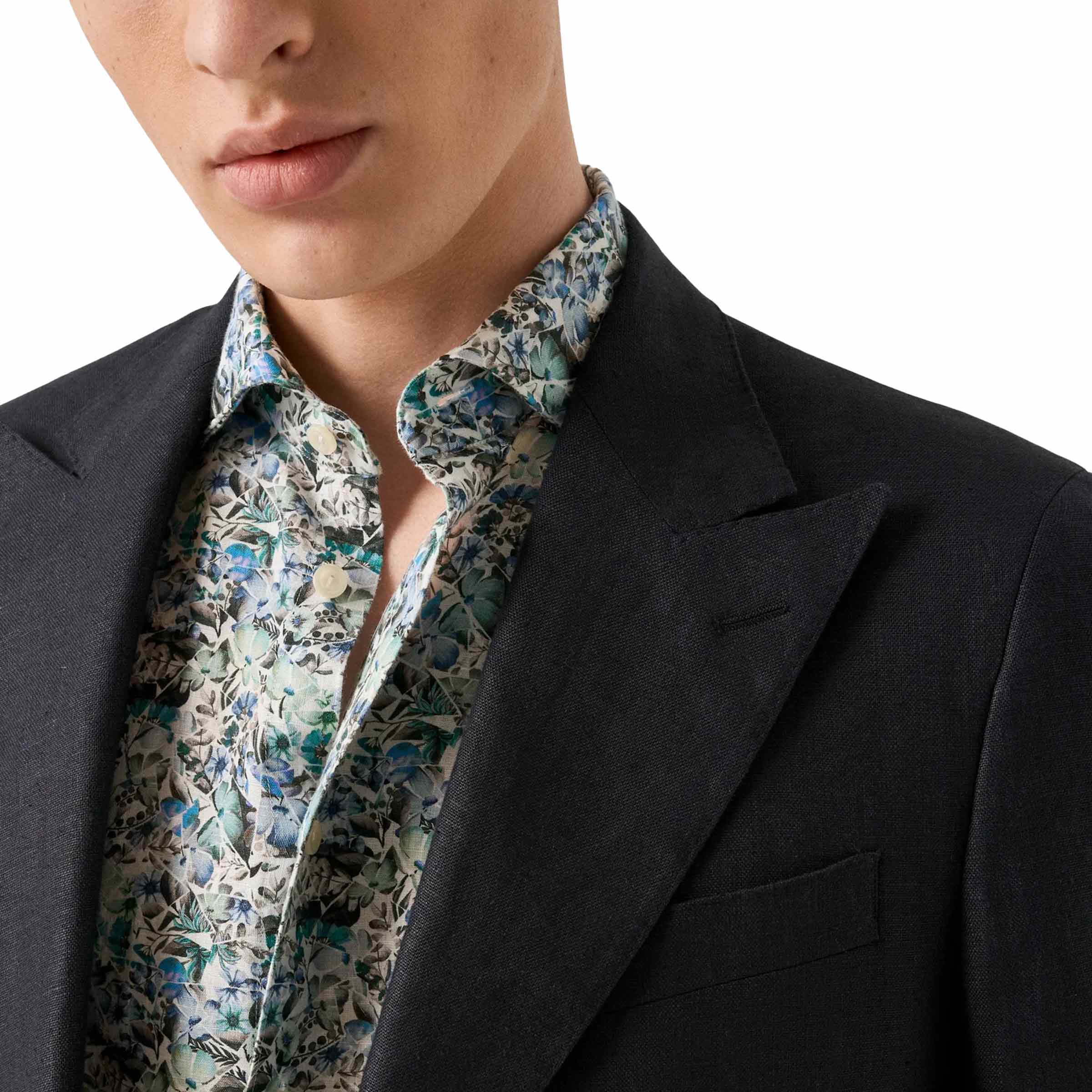 Blue Soft Mosaic Flower Print Slim Fit Linen Shirt L/S SHIRTS Eton