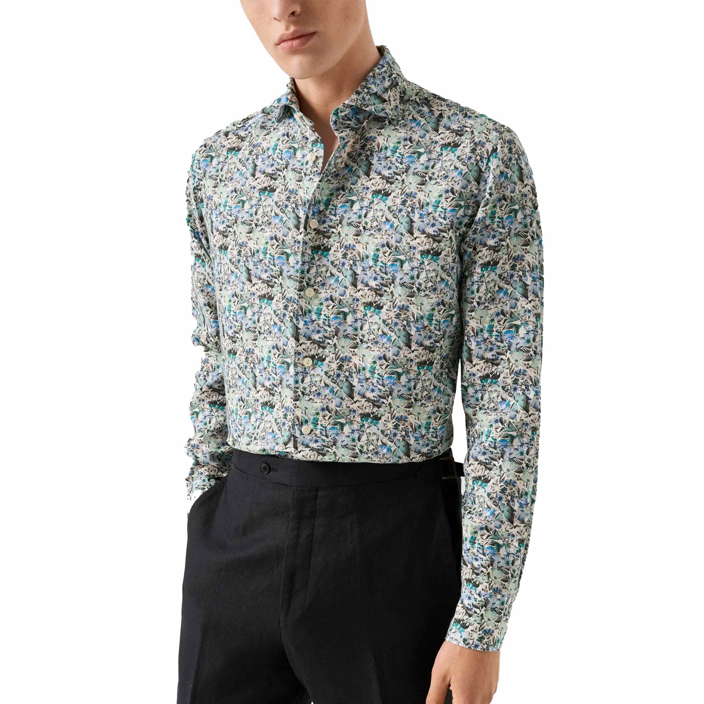 Blue Mosaic Flower Print Slim Fit Linen Shirt L/S SHIRTS Eton