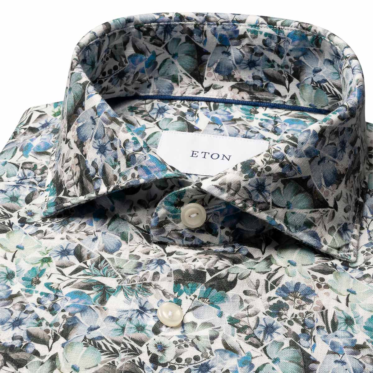 Blue Mosaic Flower Print Slim Fit Linen Shirt L/S SHIRTS Eton