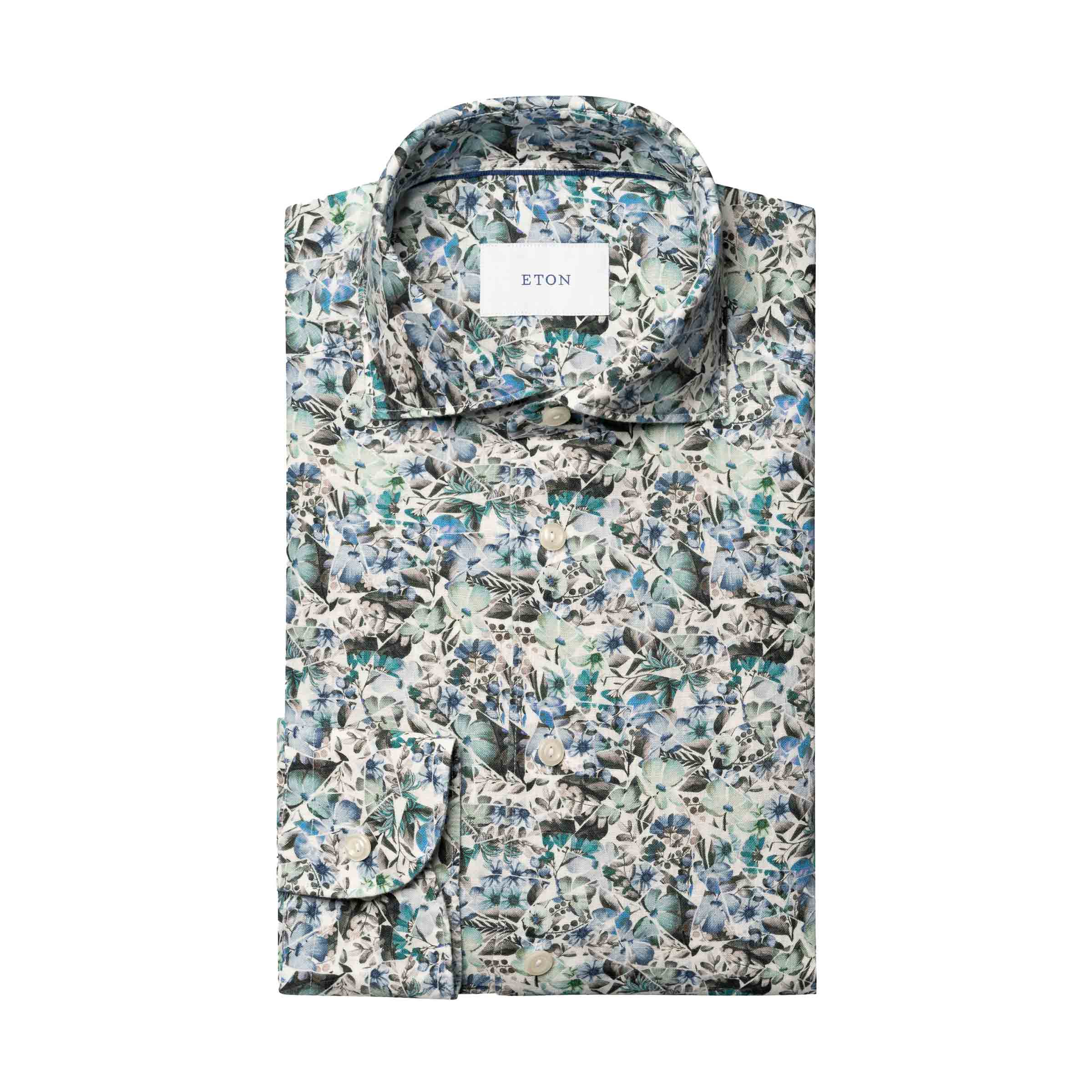 Blue Mosaic Flower Print Slim Fit Linen Shirt L/S SHIRTS Eton