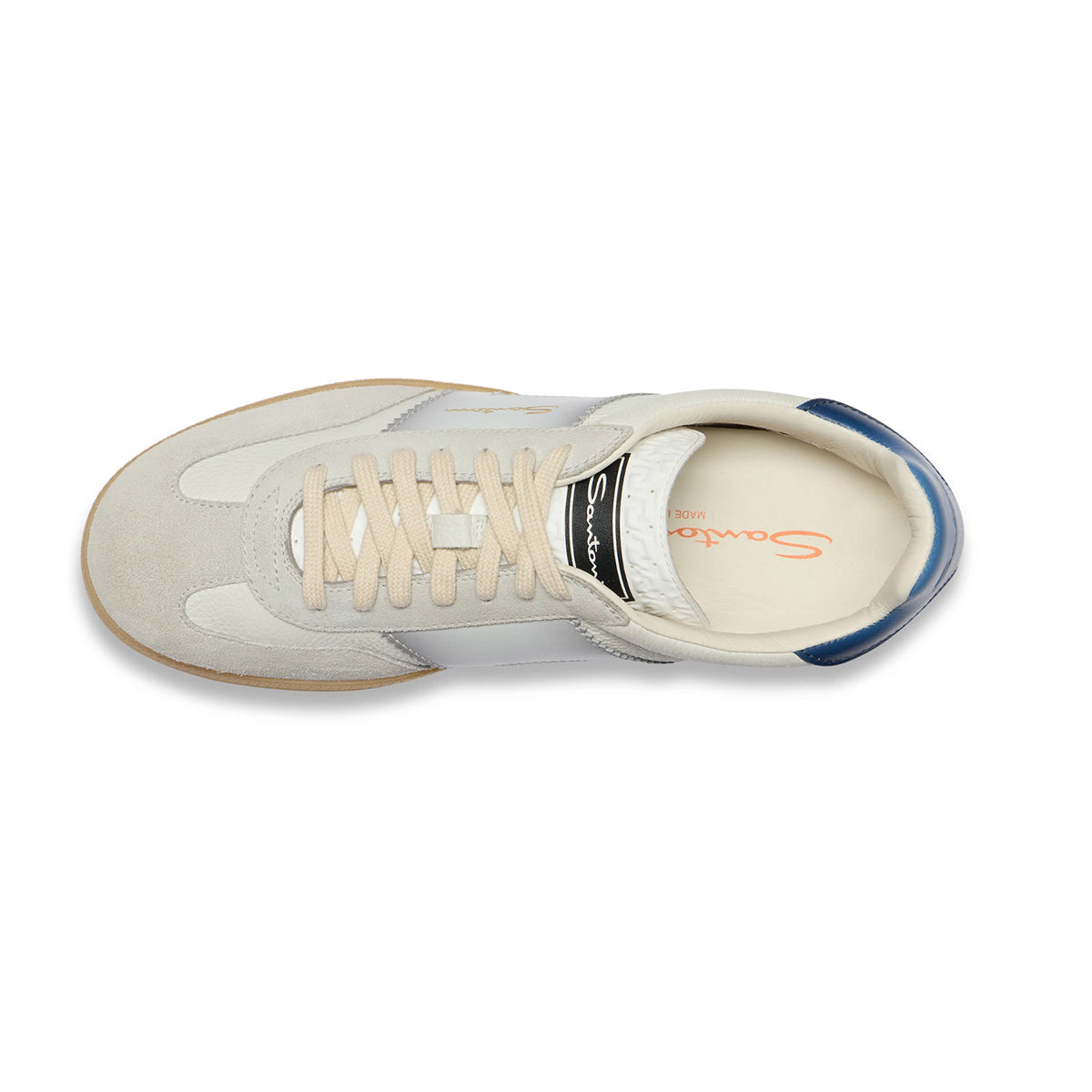 White, Grey and Blue Double Buckle Oly Leather & Suede Sneaker SHOES Santoni