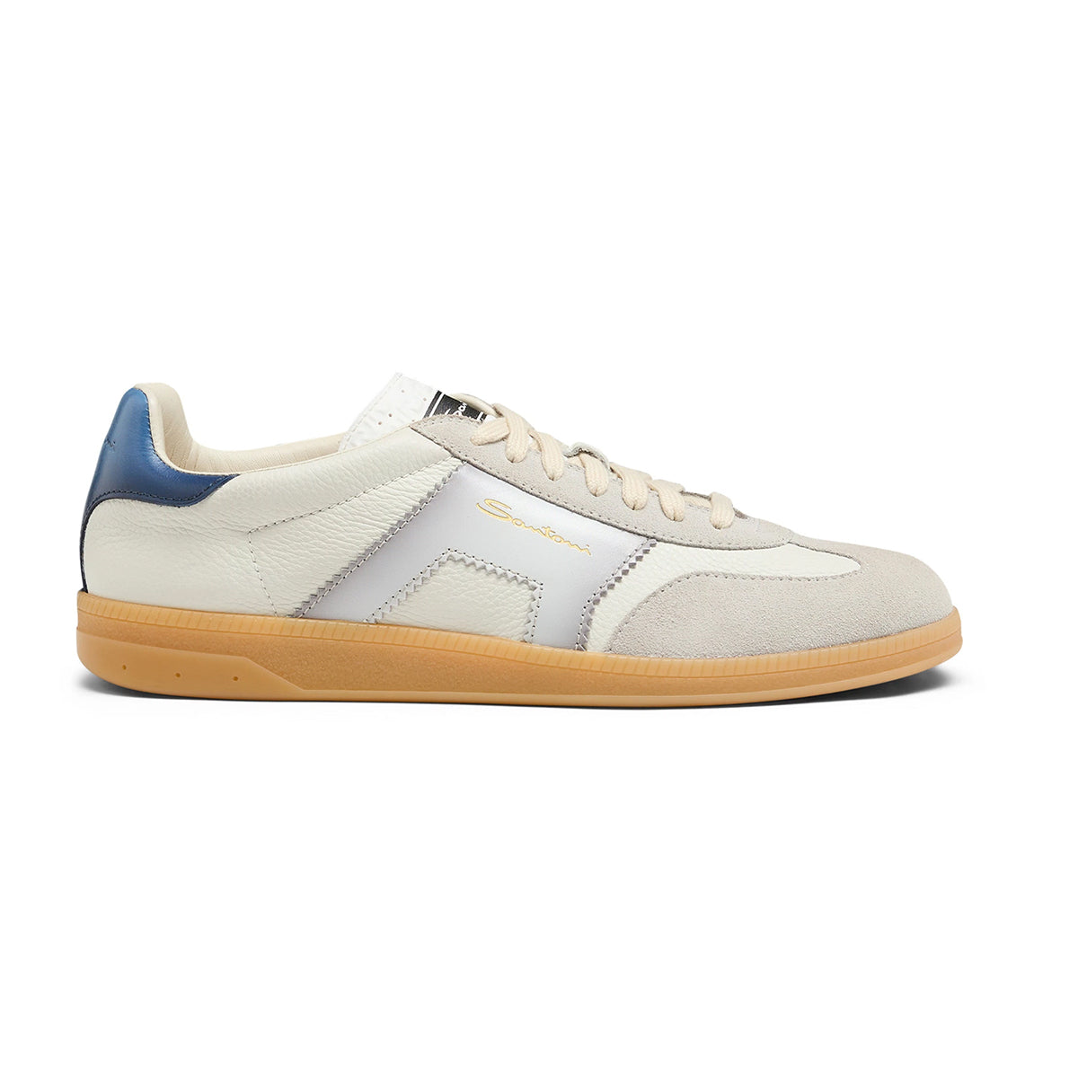 White, Grey and Blue Double Buckle Oly Leather & Suede Sneaker SHOES Santoni