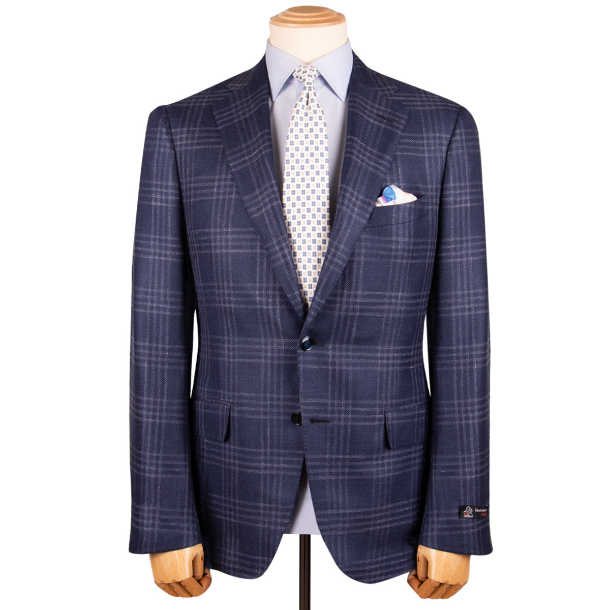 Navy Windowpane Check Wool, Silk & Linen Jacket JACKETS Robert Old