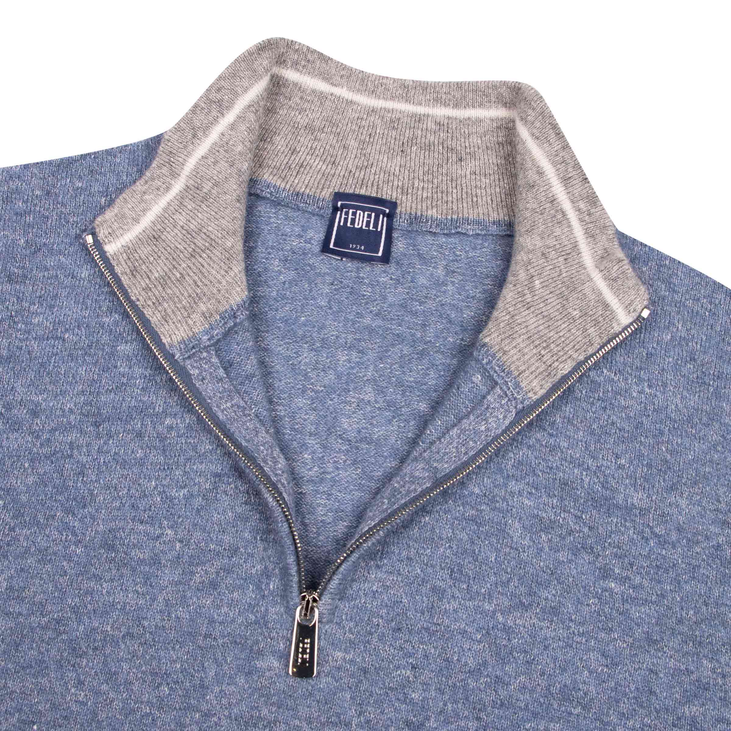 Blue Marl Cashmere and Linen Zip Neck Sweater KNITWEAR FEDELI