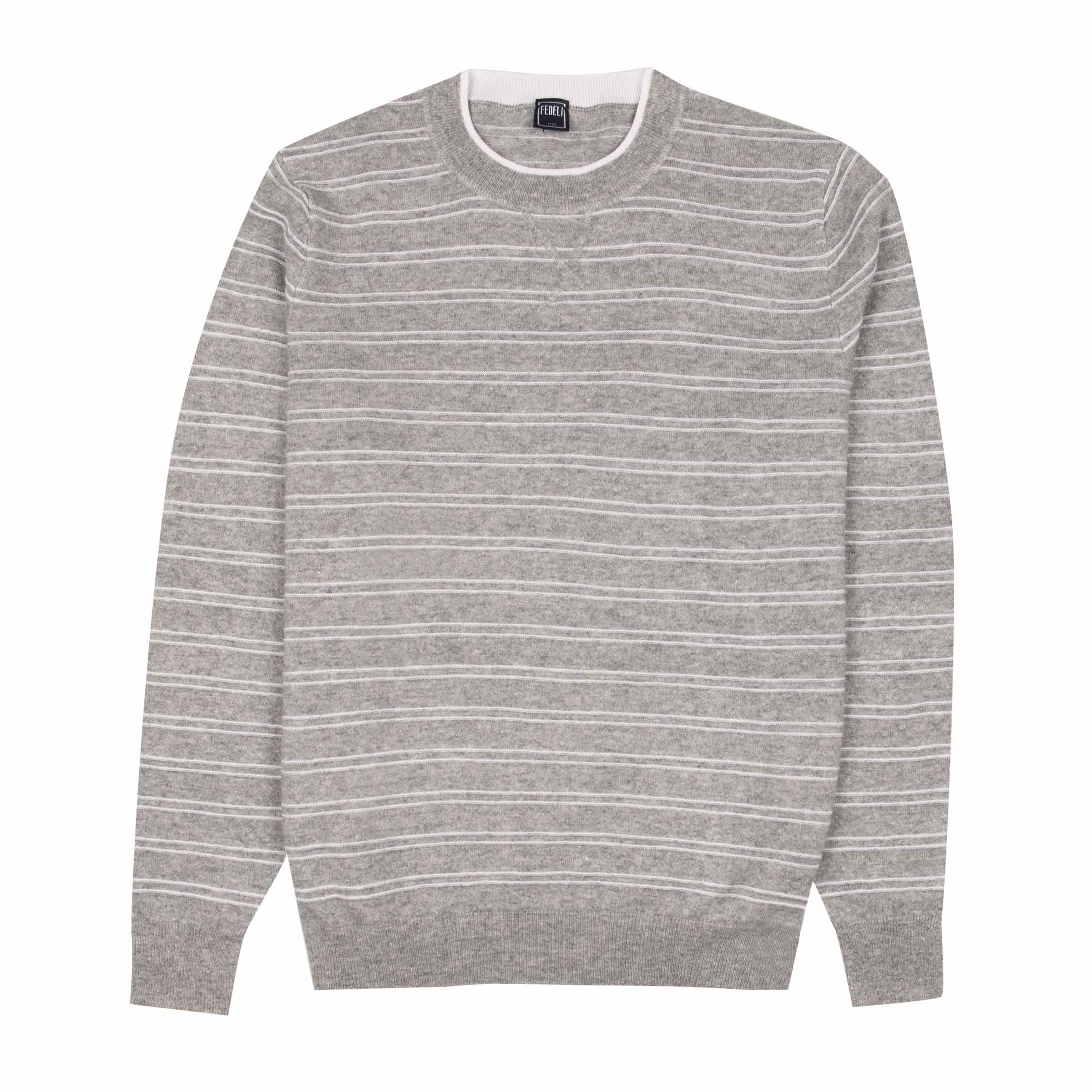 Grey &amp; White Striped Cashmere &amp; Linen Crew Neck Sweater KNITWEAR FEDELI