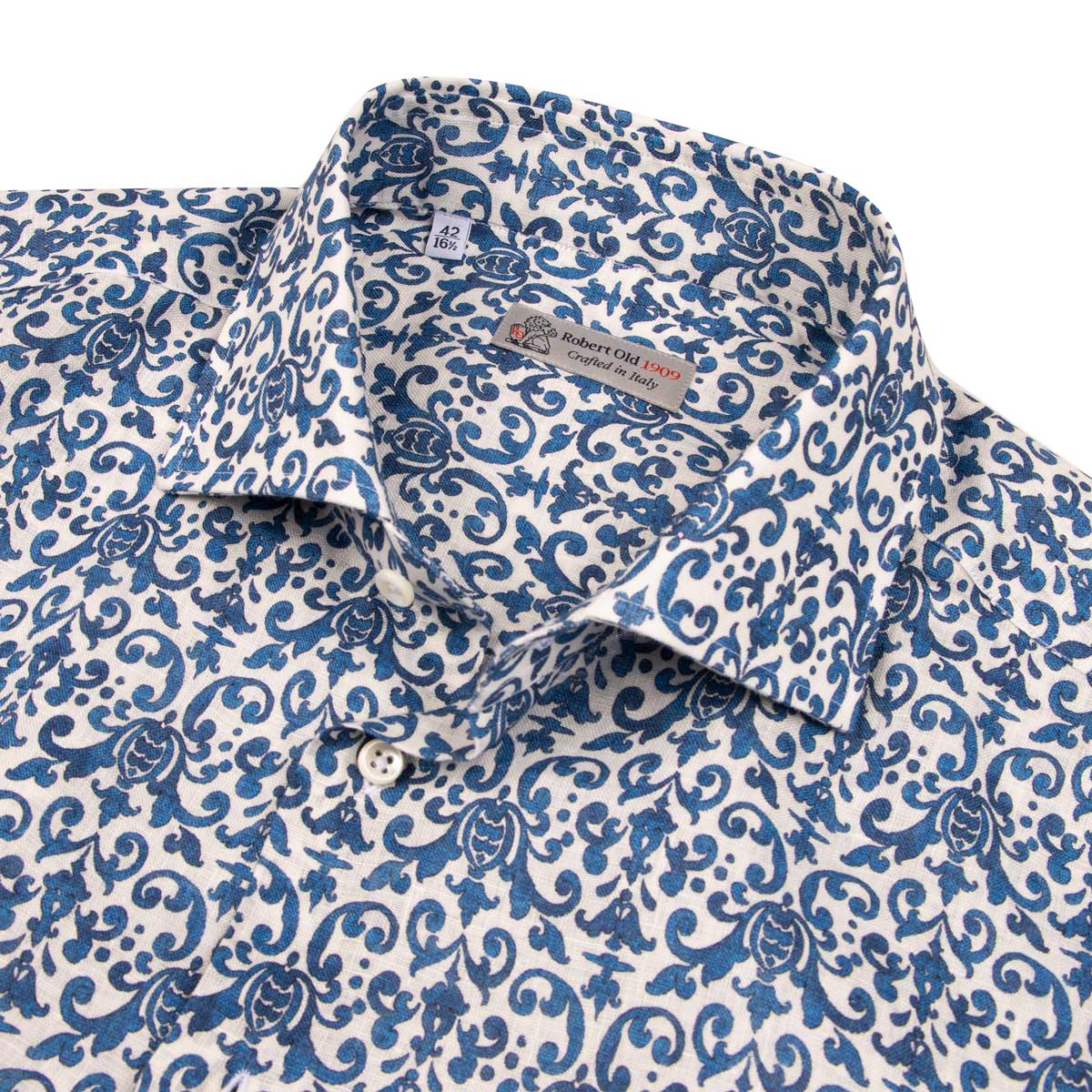 Navy & White Floral Print Italian Linen Long Sleeve Shirt L/S SHIRTS Robert Old