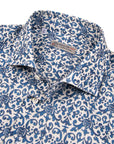 Navy & White Floral Print Italian Linen Long Sleeve Shirt