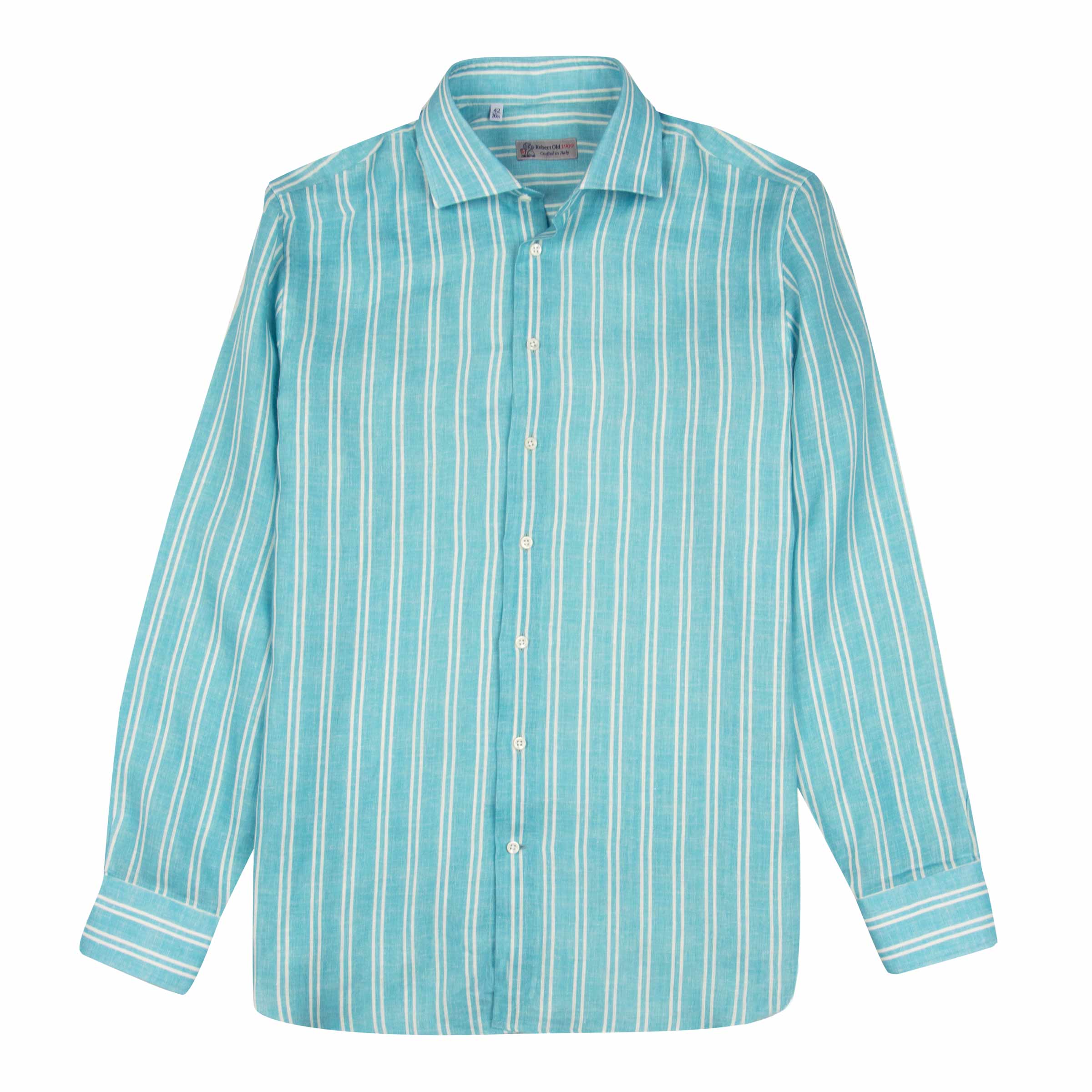 Turquoise Stripe Italian Linen Long Sleeve Shirt L/S SHIRTS Robert Old