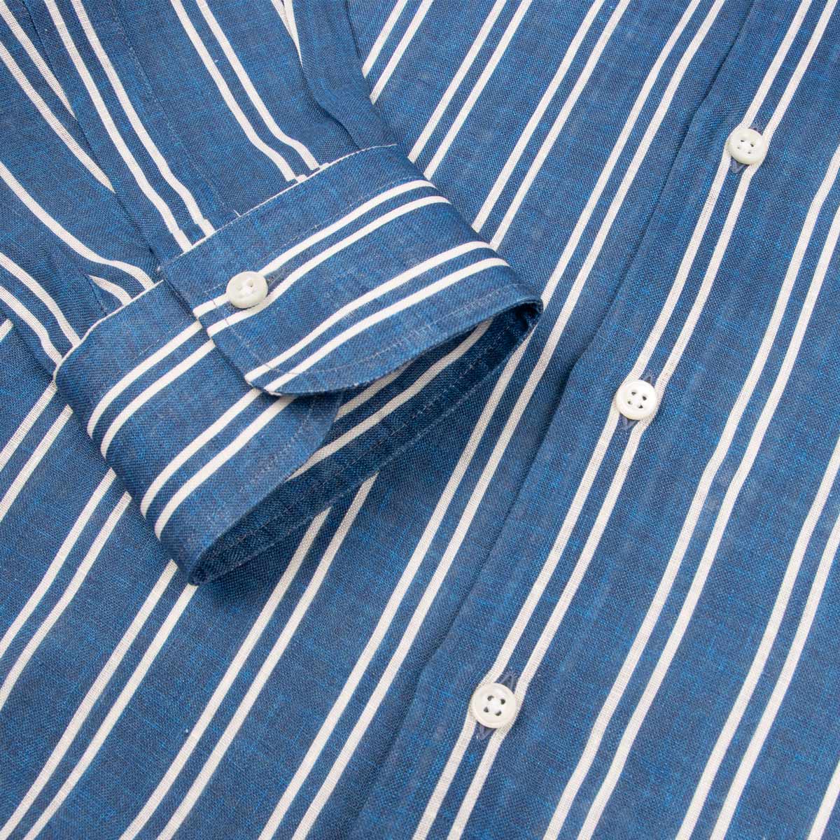 Navy Blue Stripe Italian Linen Long Sleeve Shirt L/S SHIRTS Robert Old