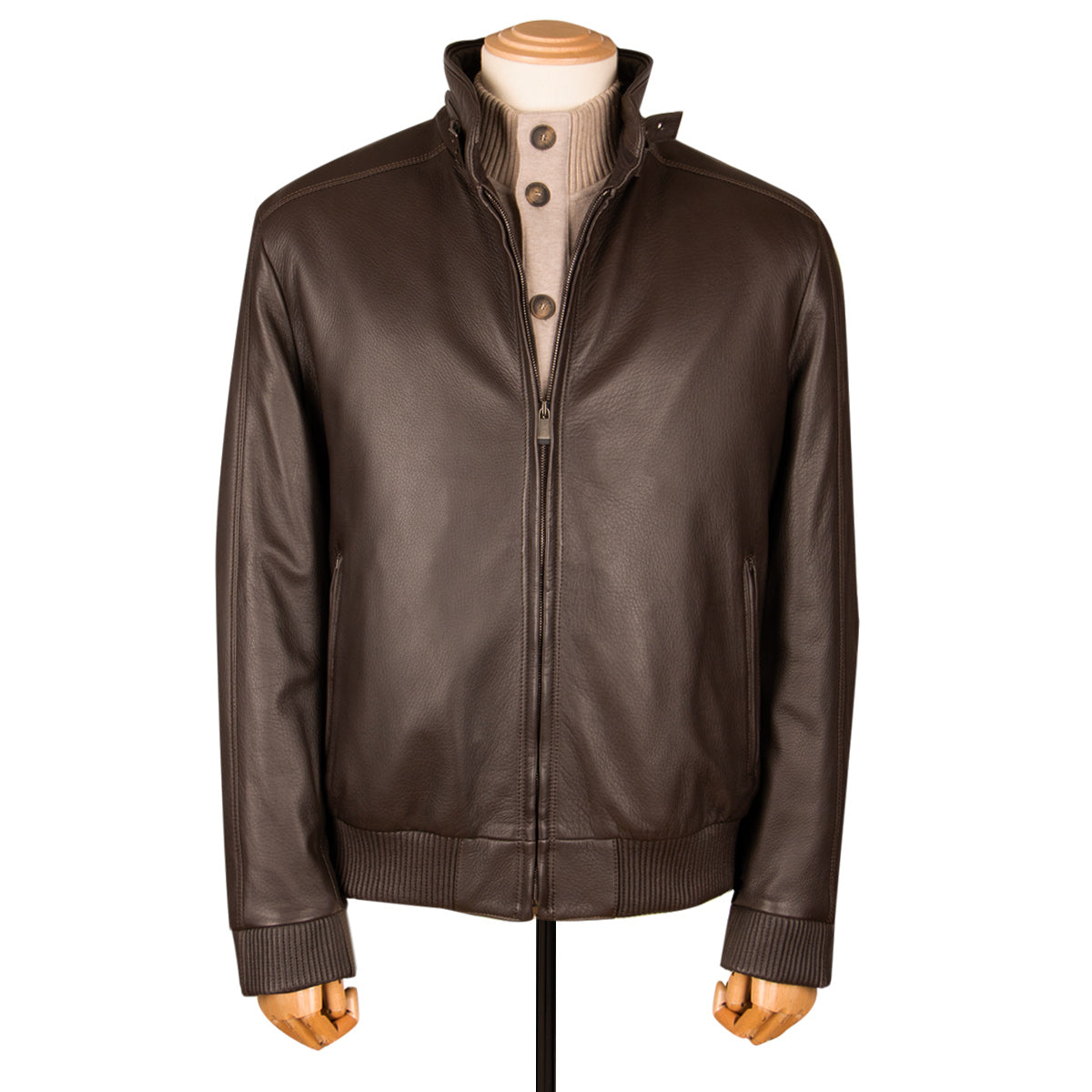 Dark Brown Bomber Style Deerskin Leather Jacket LEATHERS Robert Old