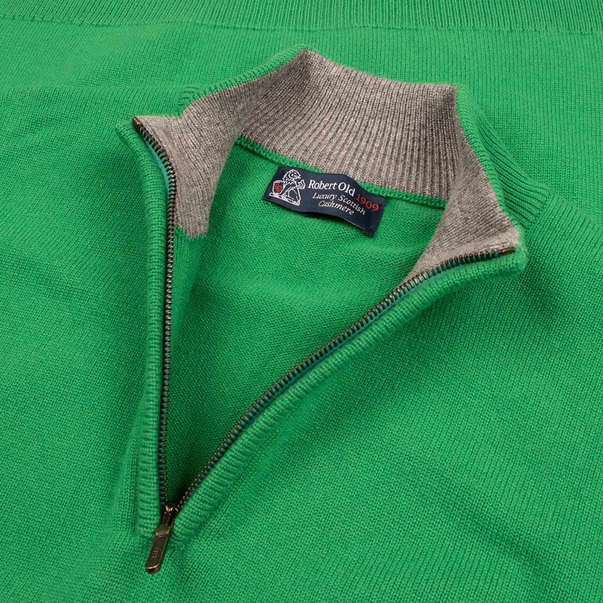 The Bowmore 1/4 Zip Neck Cashmere Sweater - Grasshopper Green CASHMERE Robert Old