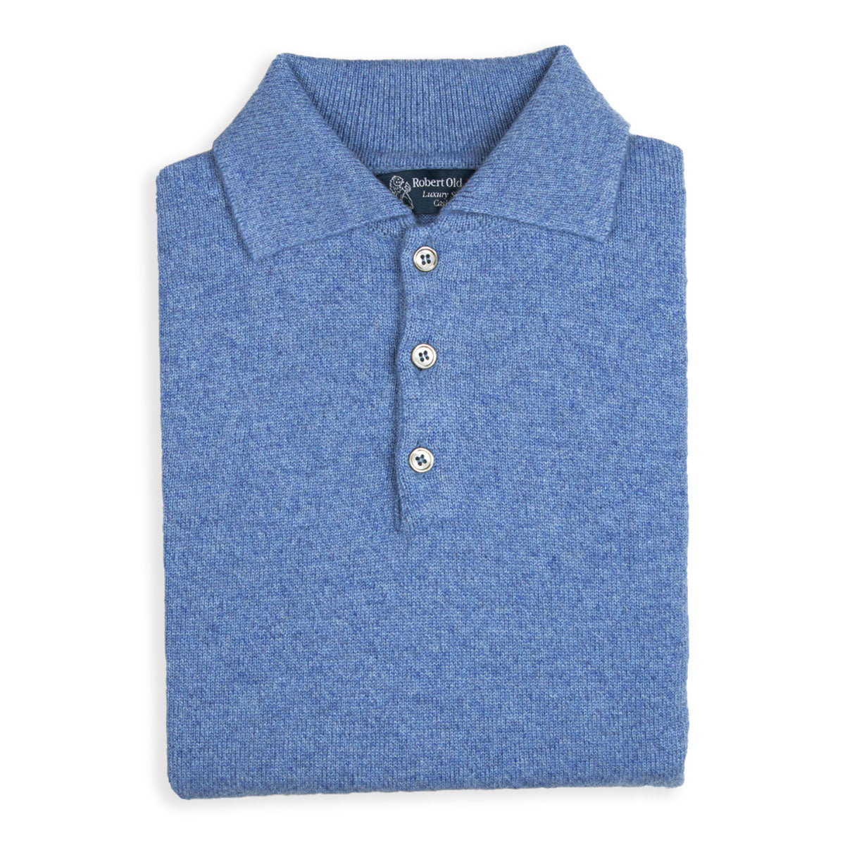 Blue Melange Balvenie 3 Button 4ply Cashmere Polo Sweater  Robert Old   