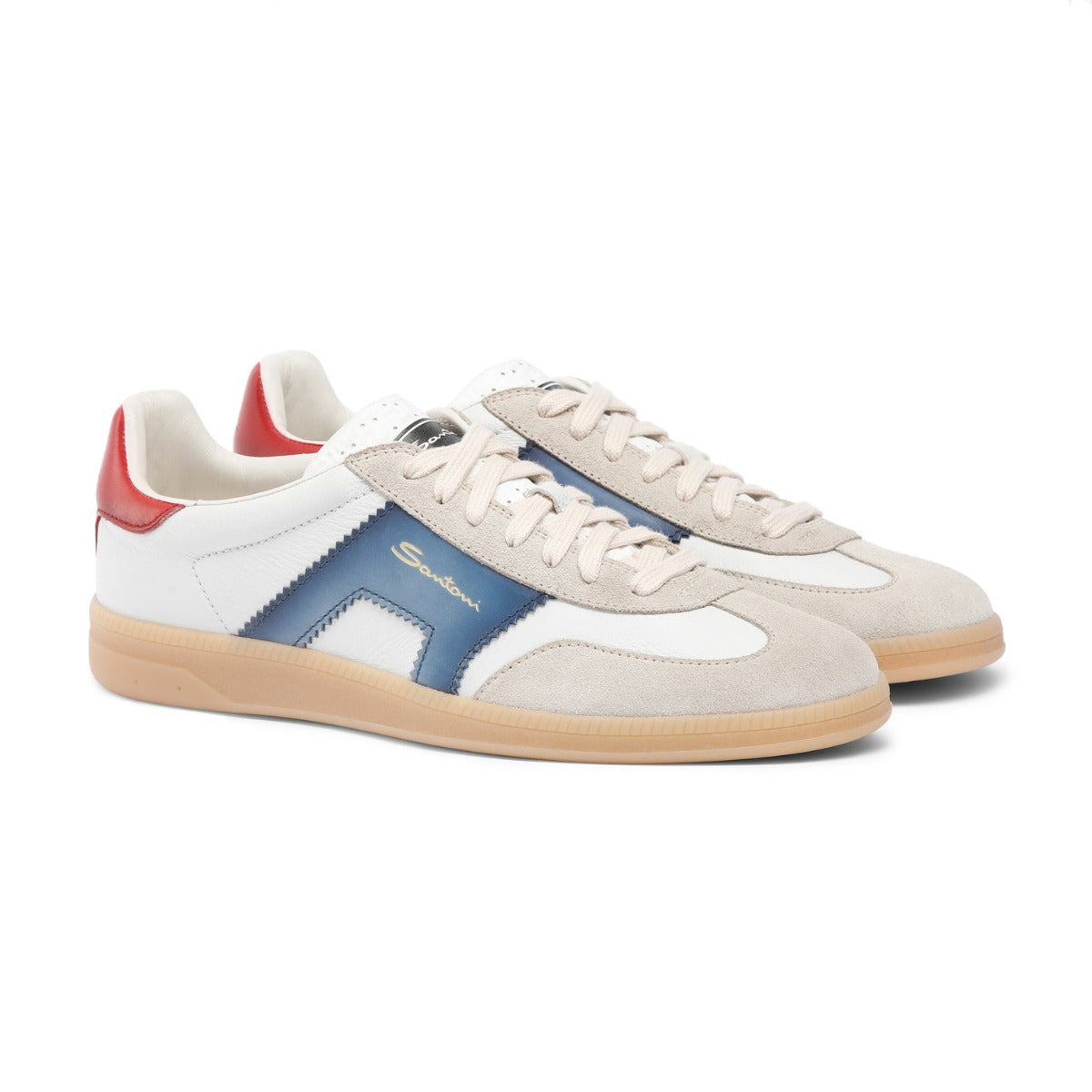 White, Blue and Red Suede Double Buckle Oly Sneaker Sneaker Santoni   