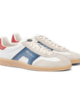 White, Blue and Red Suede Double Buckle Oly Sneaker Sneaker Santoni   