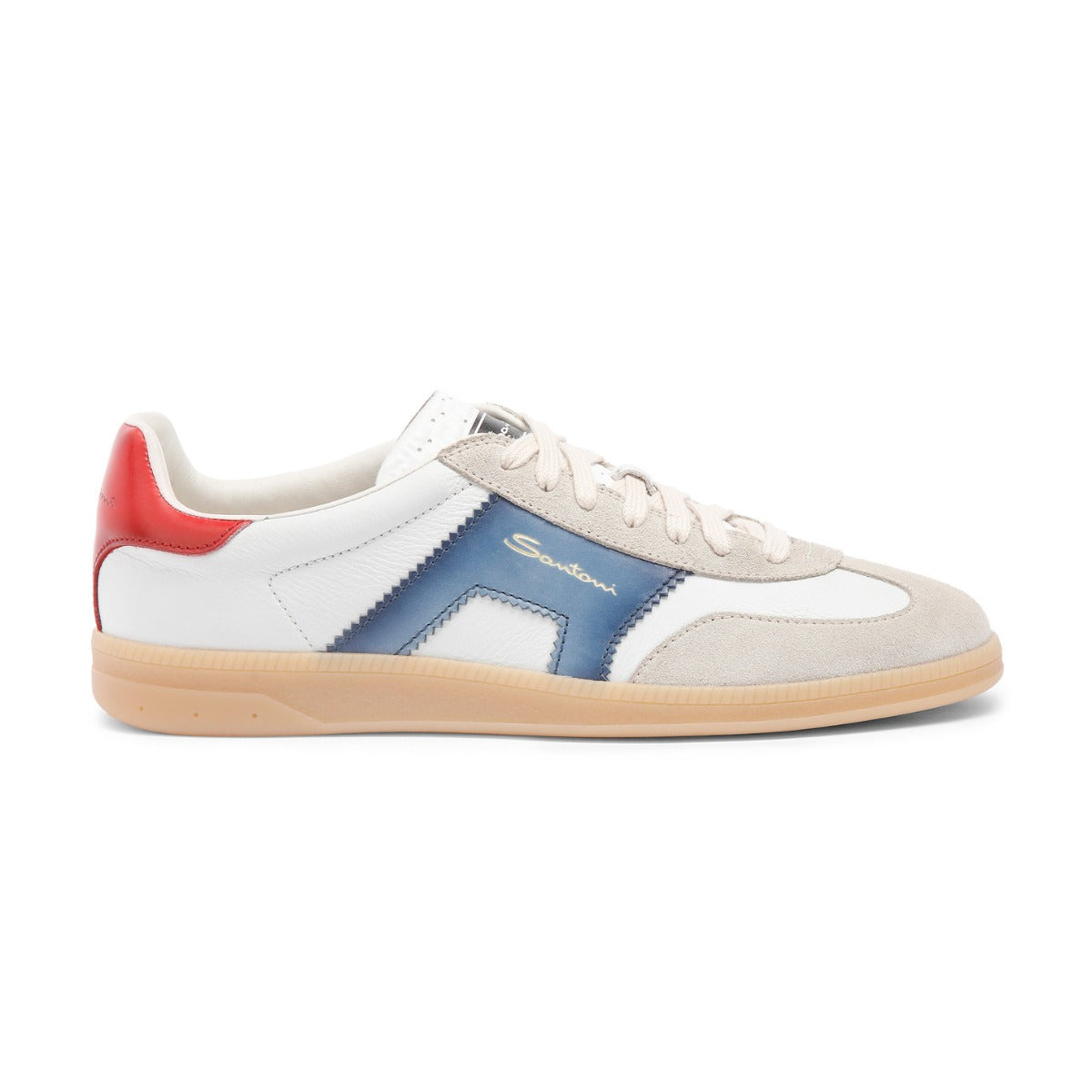 White, Blue and Red Suede Double Buckle Oly Sneaker Sneaker Santoni   