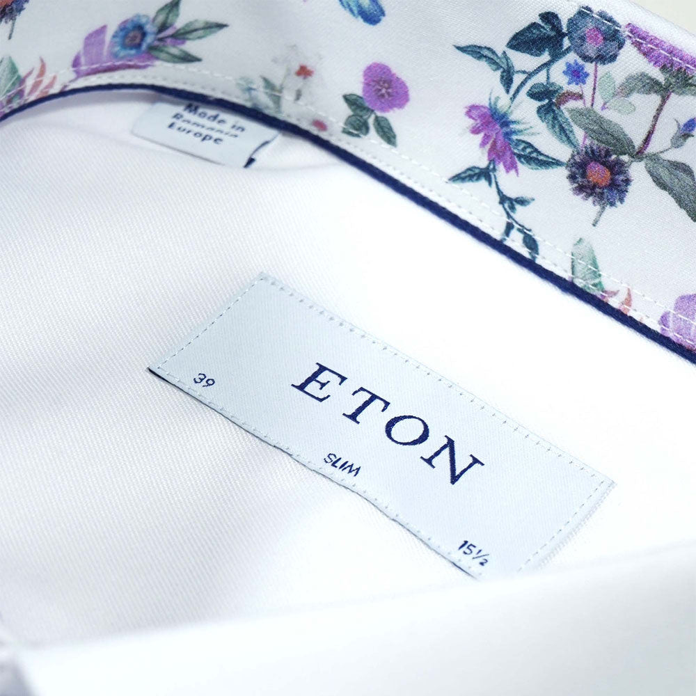 White Floral Trim Signature Twill Slim Fit Shirt  Eton   