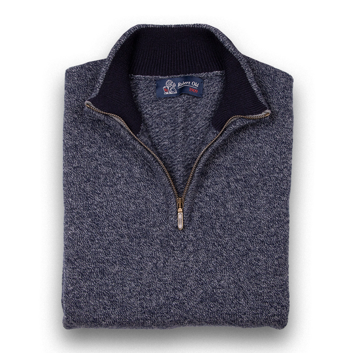 The Bowmore 1/4 Zip Neck Cashmere Sweater - Flannel / Navy  Robert Old Flannel - Navy UK 36" 