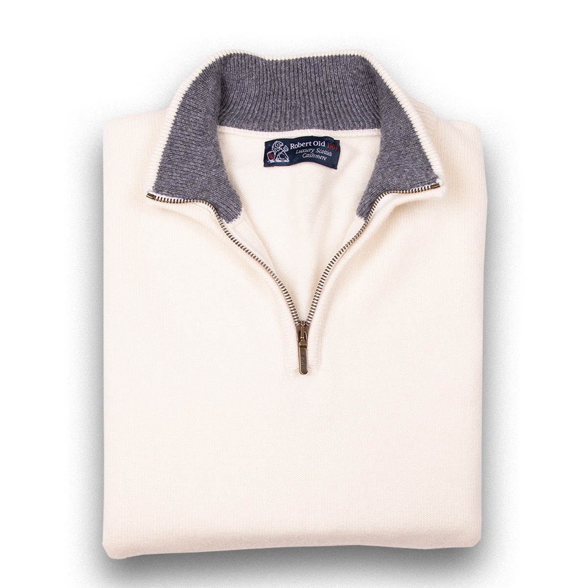 The Bowmore 1/4 Zip Neck Cashmere Sweater - White Undyed / Smog  Robert Old White Undyed - Smog UK 36" 