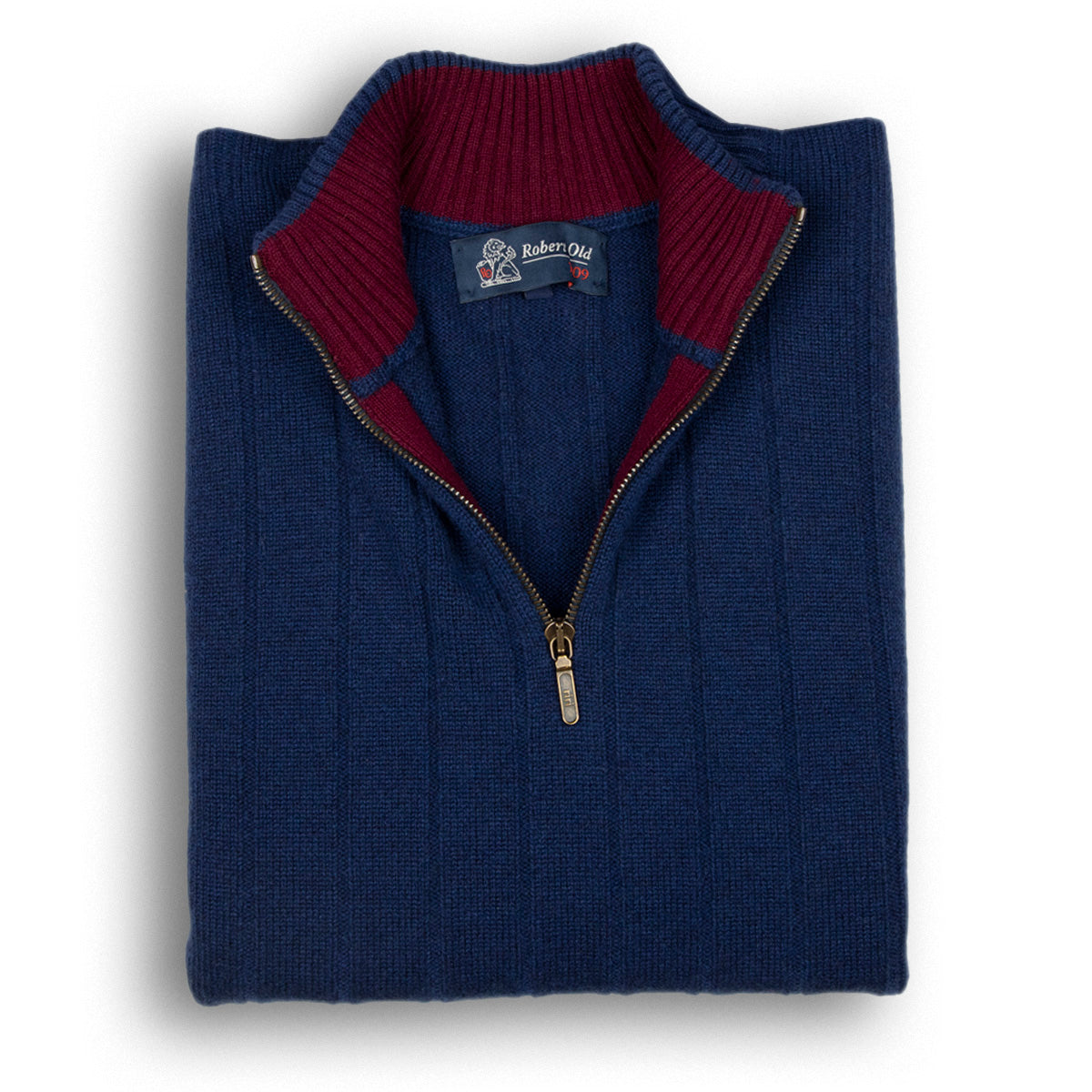 The Wellington Cashmere Ribbed Zip Neck Sweater - Inchiostro / Pompeii  Robert Old Inchiostro - Pompeii UK 38" 