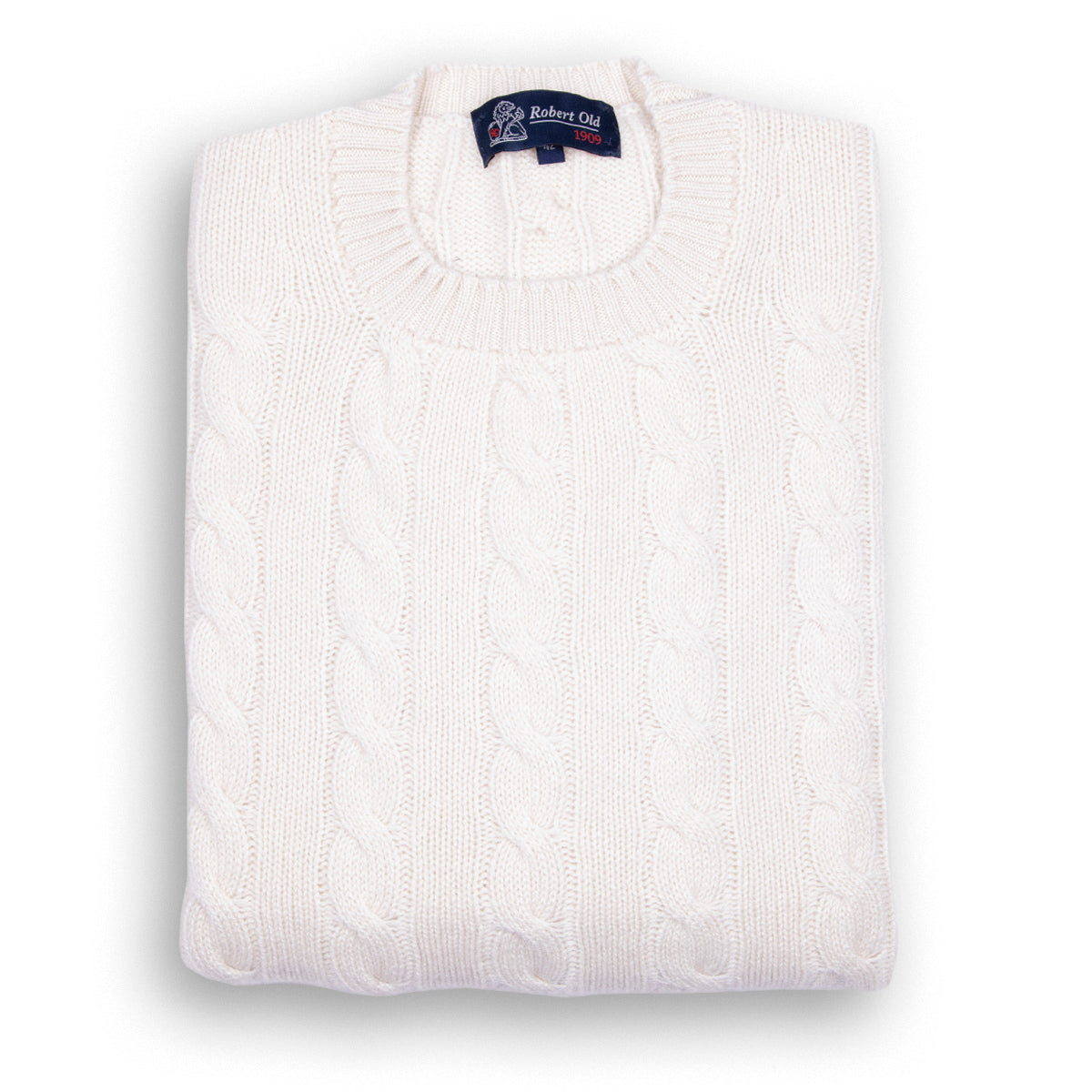 White Undyed Rothesay 4ply Cable Crew Cashmere Sweater  Robert Old White Undyed UK 38" 