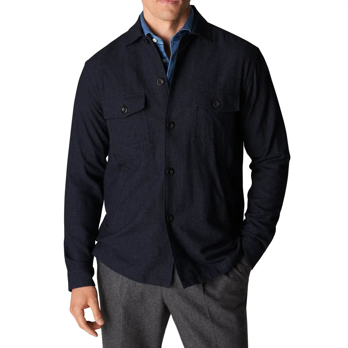 Navy Houndstooth Wool &amp; Cashmere Blend Flannel Overshirt  Eton   