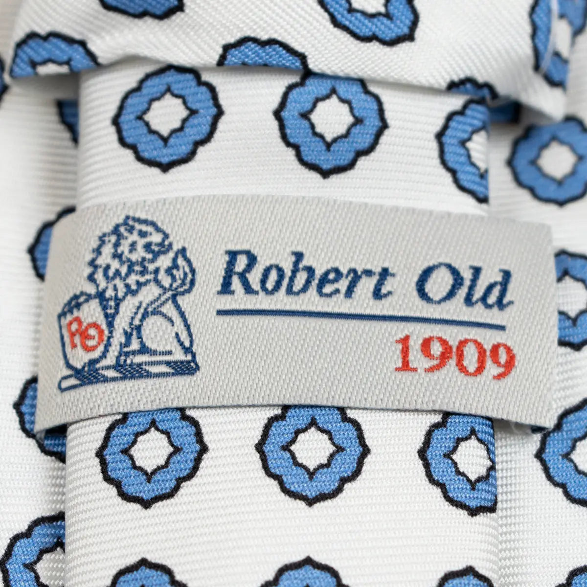 White & Blue Motif 100% Silk Tie  Robert Old   