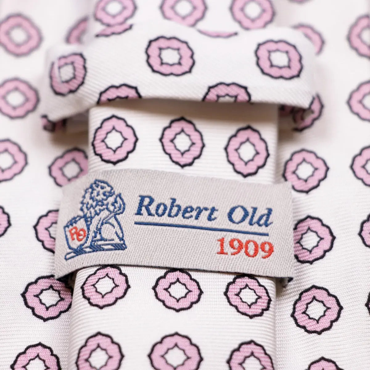 White & Pink Motif 100% Silk Tie  Robert Old   