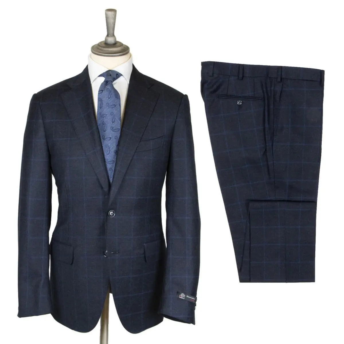 Navy Wool & Cashmere Windowpane Check Suit  Robert Old   